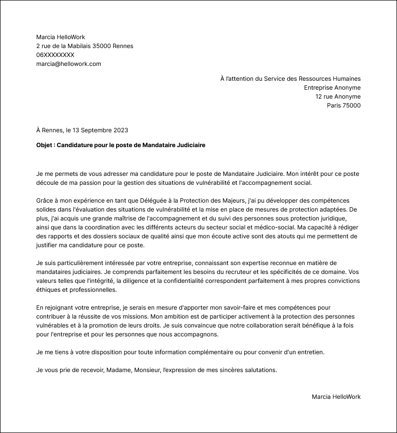 Modèle lettre de motivation Mandataire judiciaire Exemple lettre de motivation Mandataire judiciaire