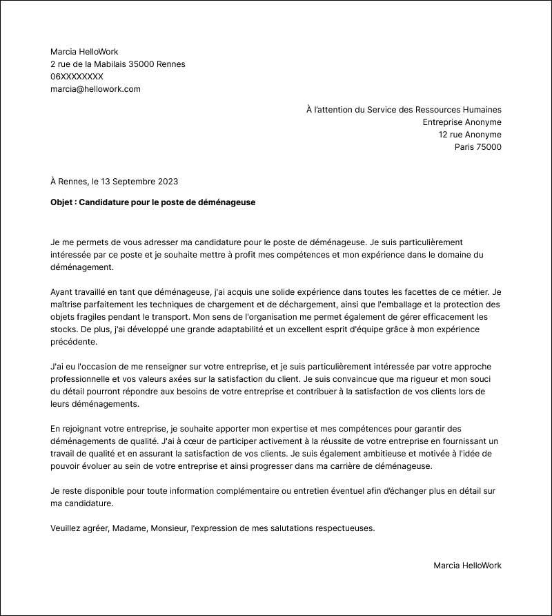 Modèle lettre de motivation Déménageur Exemple lettre de motivation Déménageur