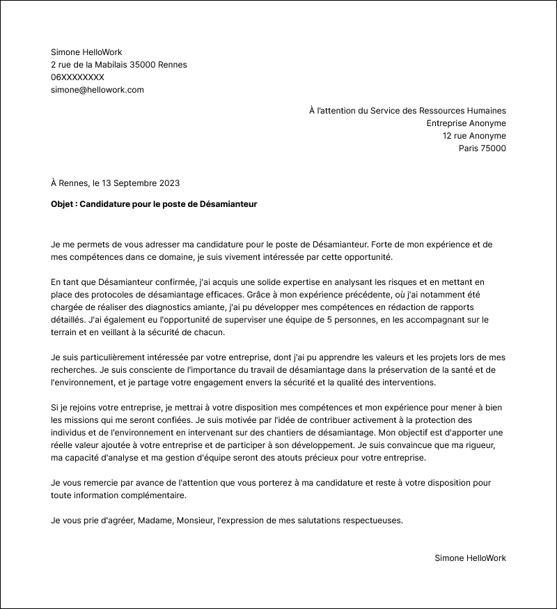 Modèle lettre de motivation Désamianteur Exemple lettre de motivation Désamianteur