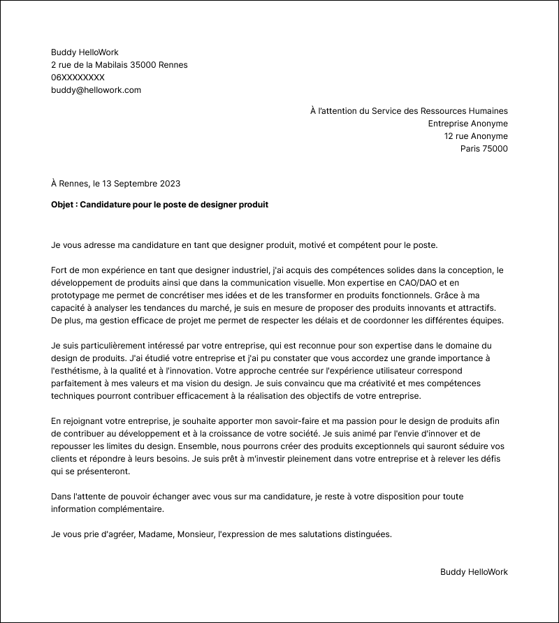 Modèle lettre de motivation Designer industriel Exemple lettre de motivation Designer industriel