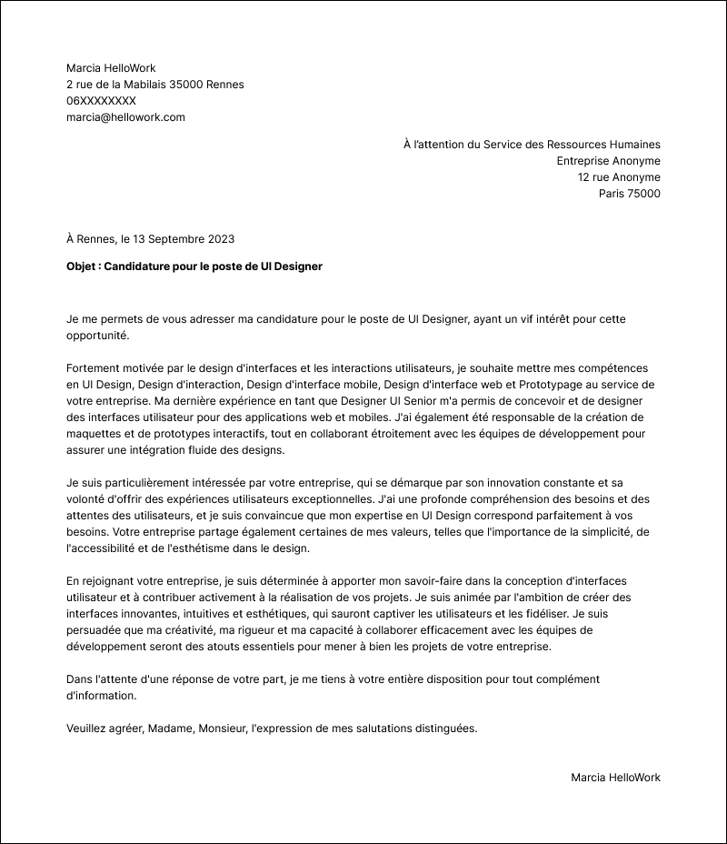Modèle lettre de motivation UI designer Exemple lettre de motivation UI designer