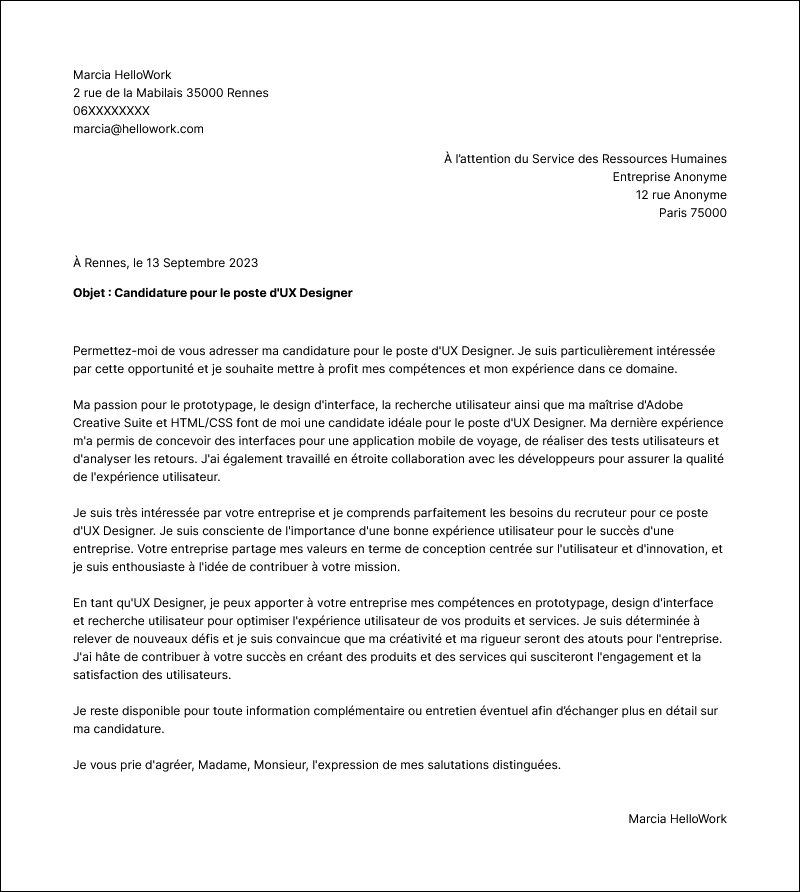 Modèle lettre de motivation UX designer Exemple lettre de motivation UX designer