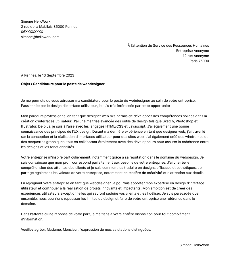 Modèle lettre de motivation Webdesigner Exemple lettre de motivation Webdesigner