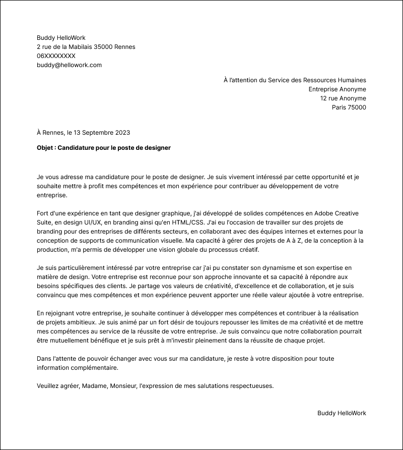 Modèle lettre de motivation Designer Exemple lettre de motivation Designer
