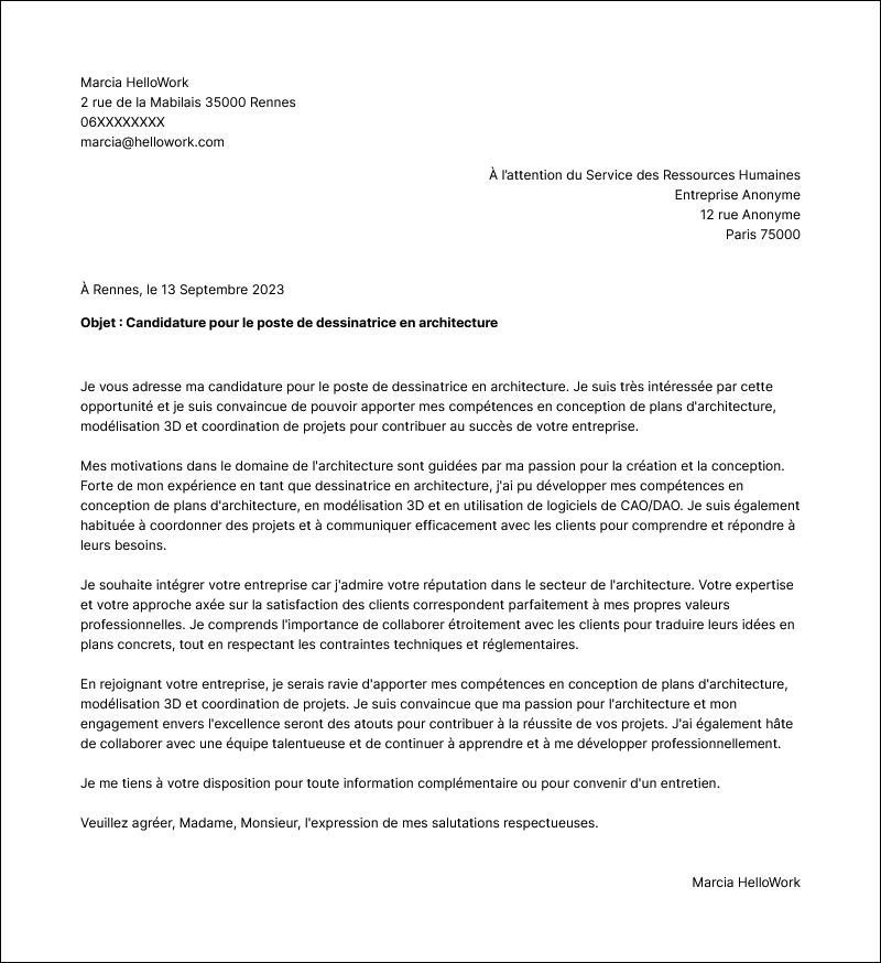 Modèle lettre de motivation Dessinateur architecture Exemple lettre de motivation Dessinateur architecture