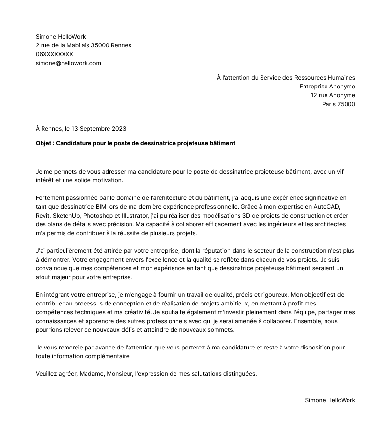 Modèle lettre de motivation Dessinateur projeteur bâtiment Exemple lettre de motivation Dessinateur projeteur bâtiment