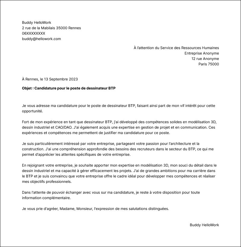 Modèle lettre de motivation Dessinateur BTP Exemple lettre de motivation Dessinateur BTP