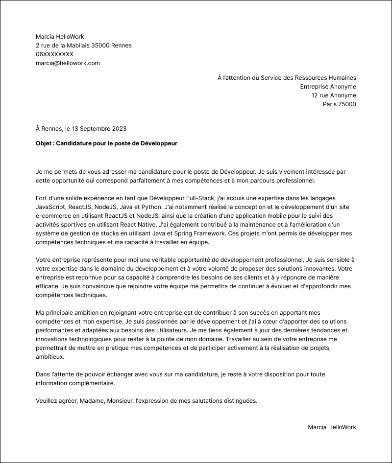 Modèle lettre de motivation Développeur informatique Exemple lettre de motivation Développeur informatique