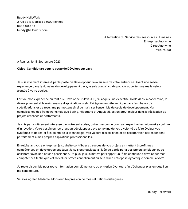 Modèle lettre de motivation Développeur Java Exemple lettre de motivation Développeur Java