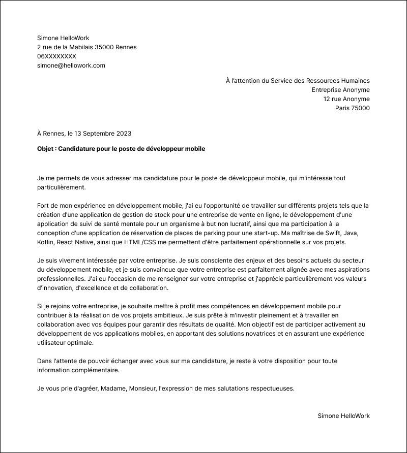 Modèle lettre de motivation Développeur mobile Exemple lettre de motivation Développeur mobile