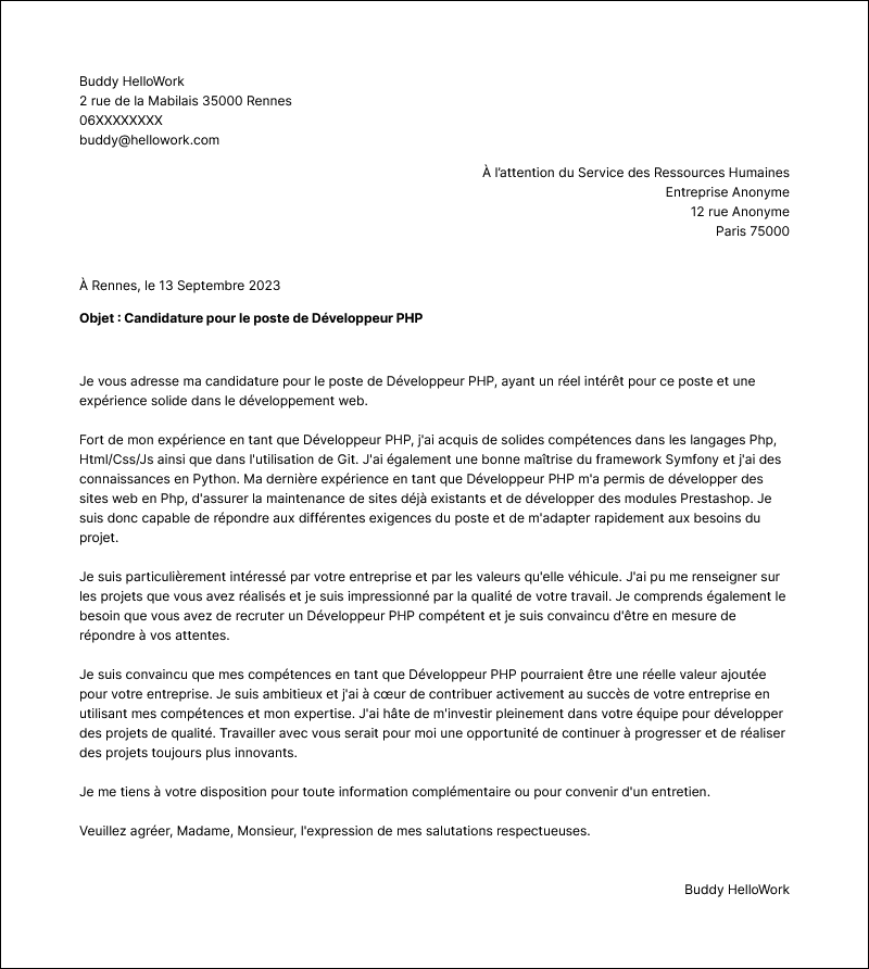 Modèle lettre de motivation Développeur Php Exemple lettre de motivation Développeur Php