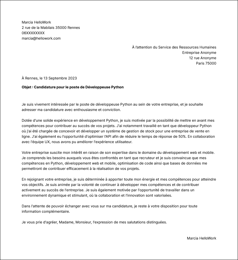 Modèle lettre de motivation Développeur Python Exemple lettre de motivation Développeur Python