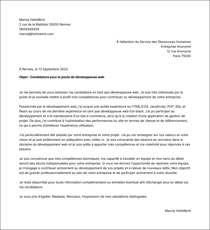 Modèle lettre de motivation Développeur web Exemple lettre de motivation Développeur web