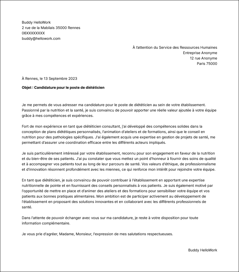 Modèle lettre de motivation Diététicien Exemple lettre de motivation Diététicien