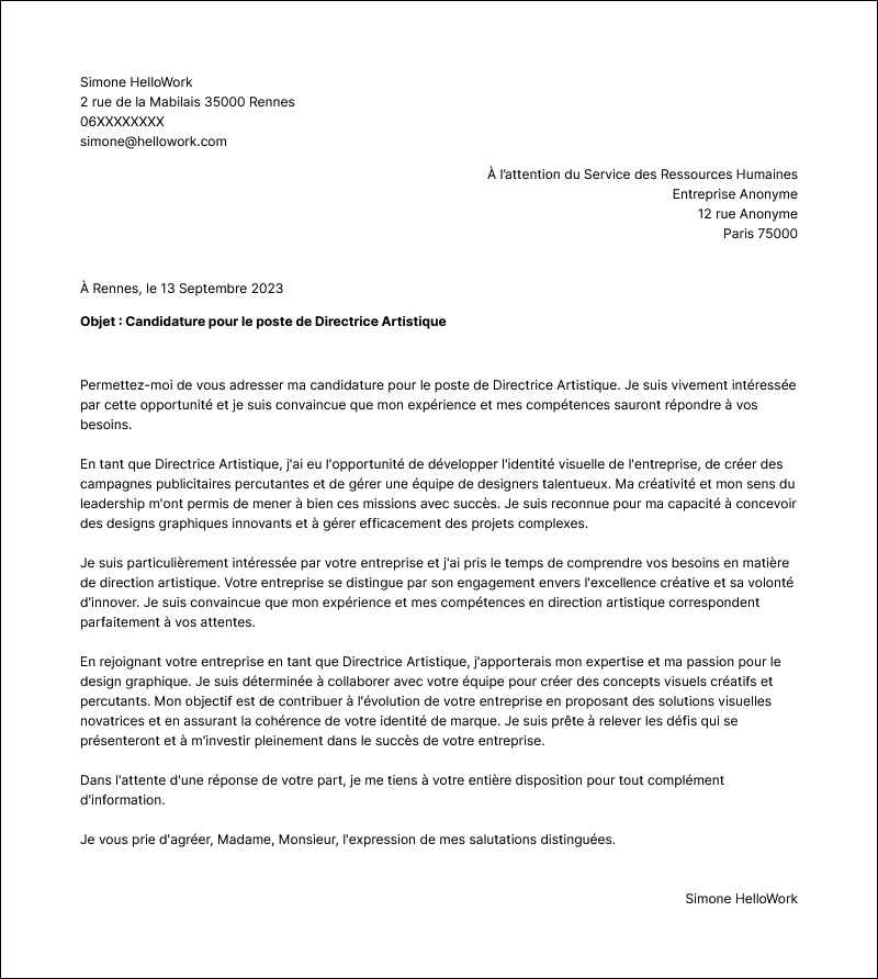 Modèle lettre de motivation Directeur artistique Exemple lettre de motivation Directeur artistique