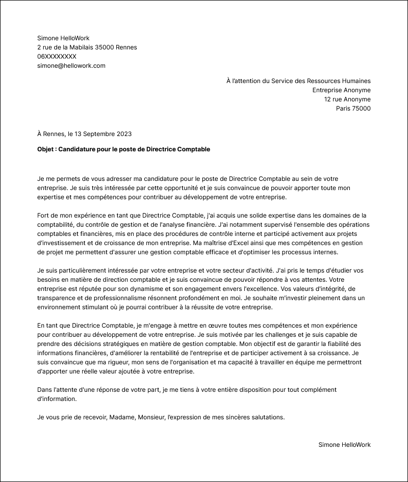 Modèle lettre de motivation Directeur comptable Exemple lettre de motivation Directeur comptable