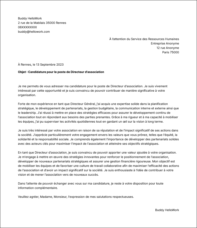 Modèle lettre de motivation Directeur association Exemple lettre de motivation Directeur association