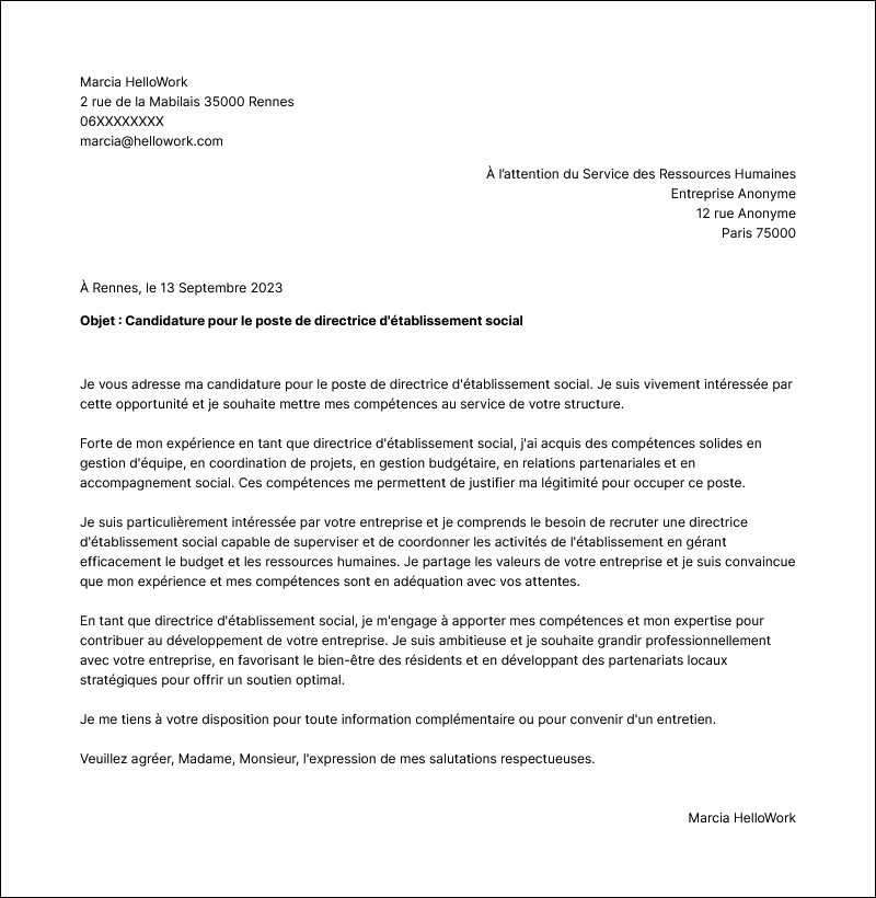 Modèle lettre de motivation Directeur d'établissement social Exemple lettre de motivation Directeur d'établissement social