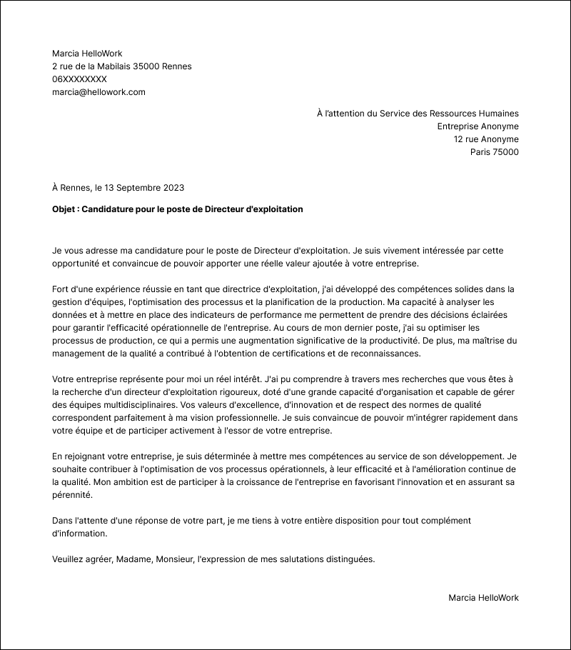 Modèle lettre de motivation Directeur d'exploitation Exemple lettre de motivation Directeur d'exploitation