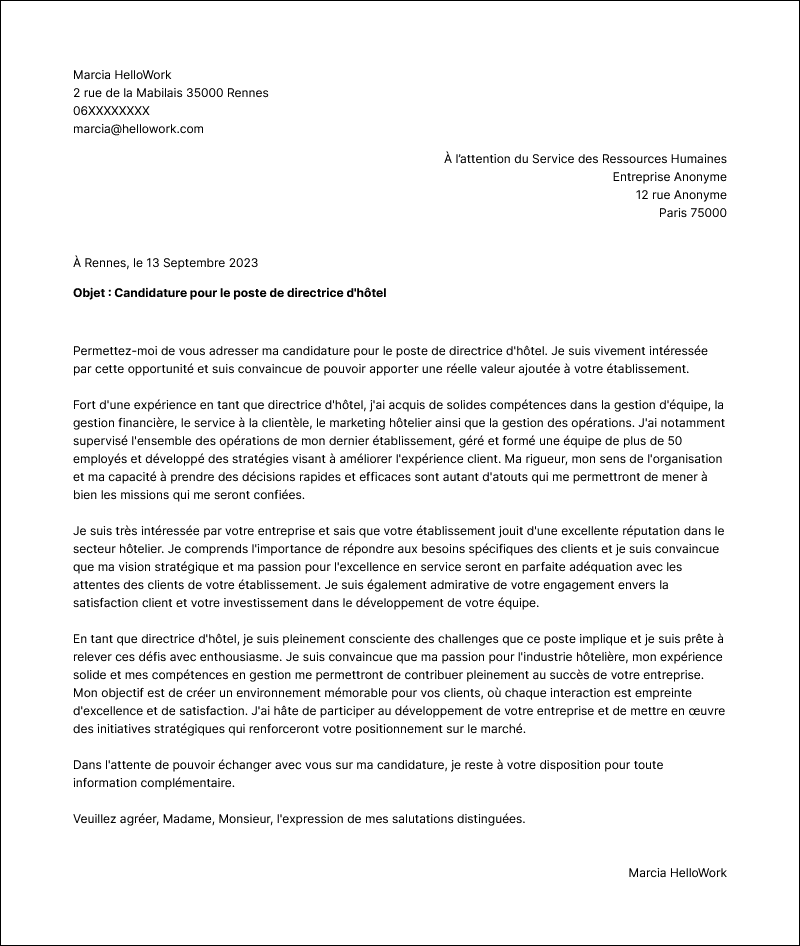 Modèle lettre de motivation Directeur d'hôtel Exemple lettre de motivation Directeur d'hôtel