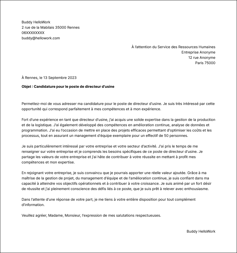Modèle lettre de motivation Directeur usine Exemple lettre de motivation Directeur usine