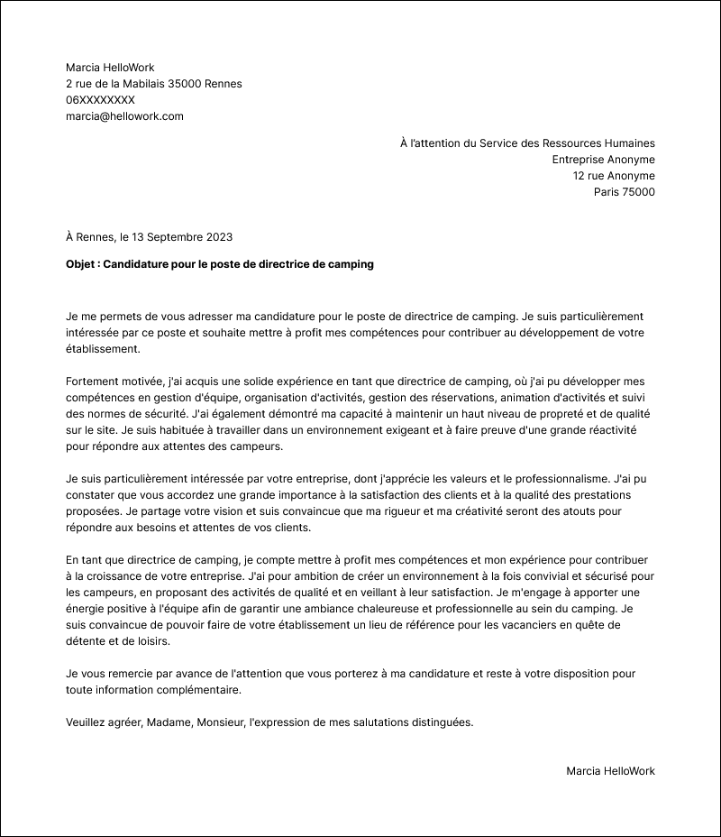 Modèle lettre de motivation Directeur de camping Exemple lettre de motivation Directeur de camping