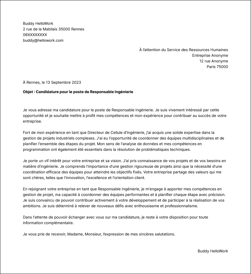 Modèle lettre de motivation Responsable ingénierie Exemple lettre de motivation Responsable ingénierie