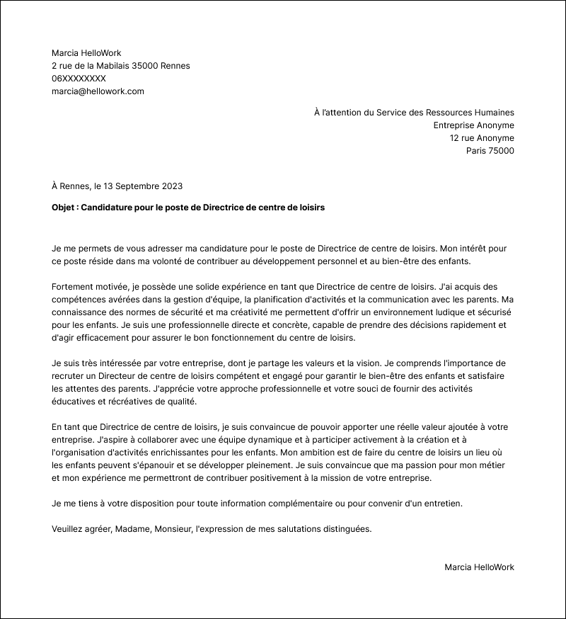 Modèle lettre de motivation Directeur de centre de loisirs Exemple lettre de motivation Directeur de centre de loisirs