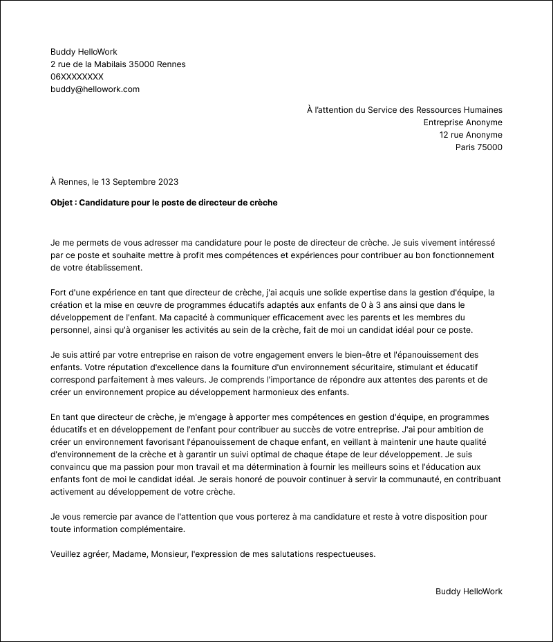 Modèle lettre de motivation Directrice de crèche Exemple lettre de motivation Directrice de crèche