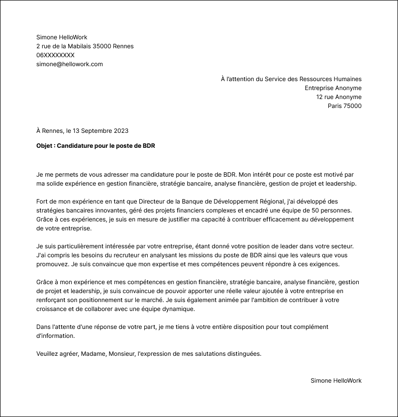 Modèle lettre de motivation BDR Exemple lettre de motivation BDR