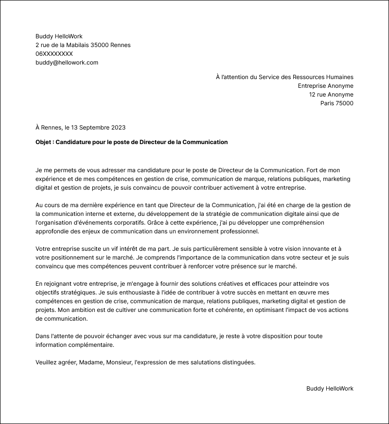 Modèle lettre de motivation Directeur communication Exemple lettre de motivation Directeur communication