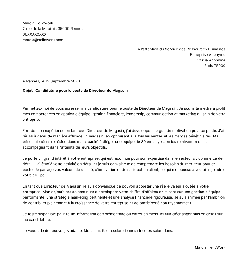 Modèle lettre de motivation Directeur de magasin Exemple lettre de motivation Directeur de magasin