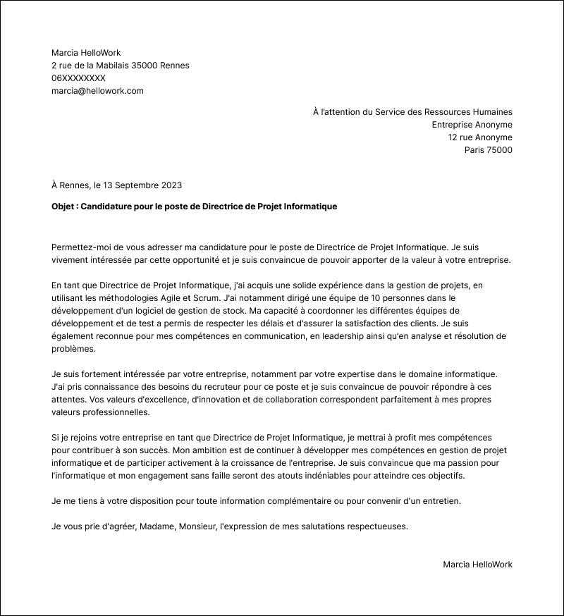 Modèle lettre de motivation Directeur de projet informatique Exemple lettre de motivation Directeur de projet informatique