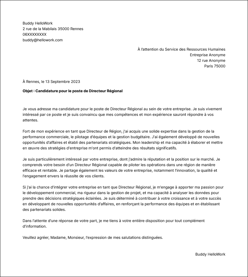 Modèle lettre de motivation Directeur régional Exemple lettre de motivation Directeur régional