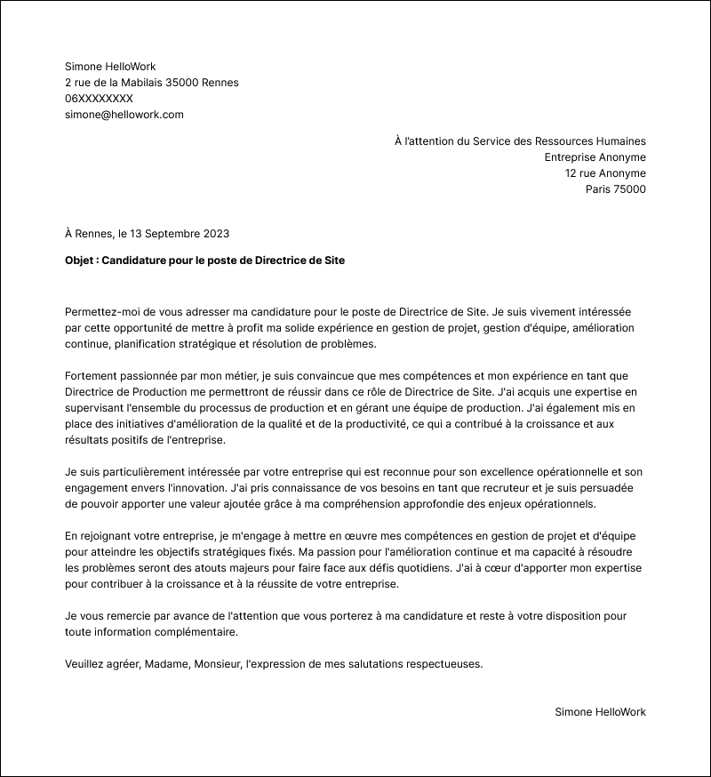 Modèle lettre de motivation Directeur de site Exemple lettre de motivation Directeur de site