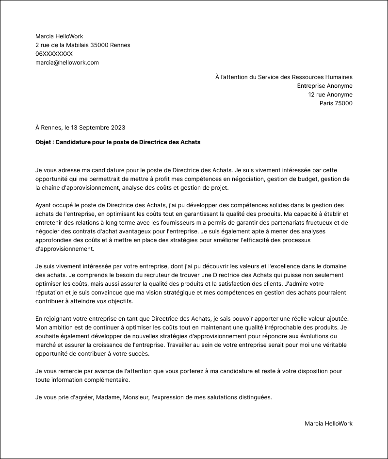 Modèle lettre de motivation Directeur des achats Exemple lettre de motivation Directeur des achats