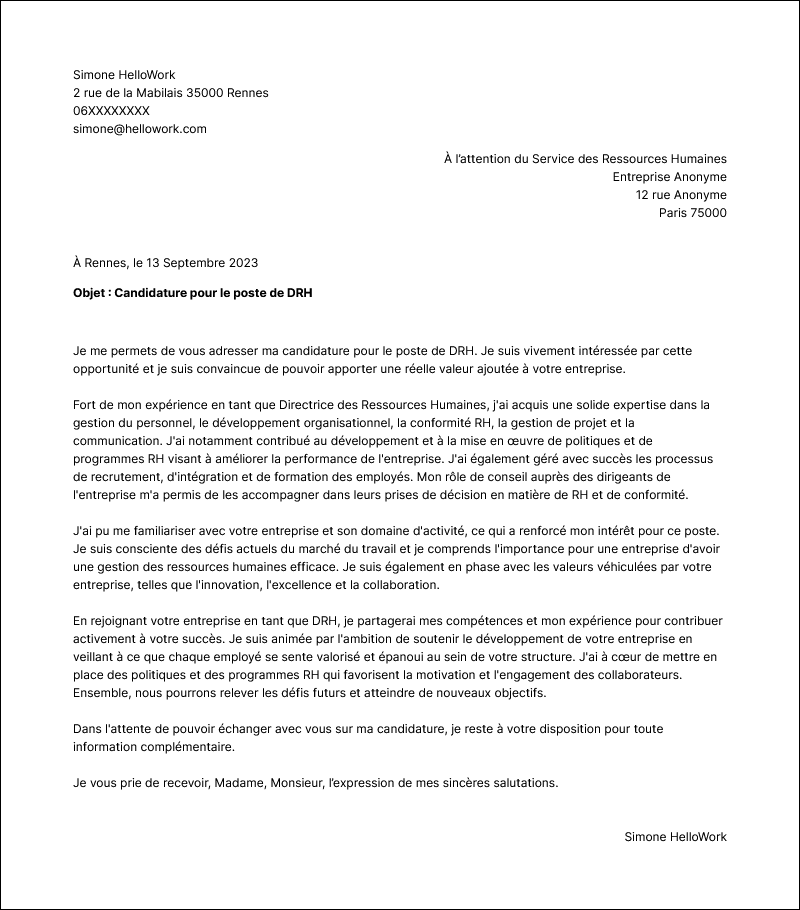 Modèle lettre de motivation DRH Exemple lettre de motivation DRH