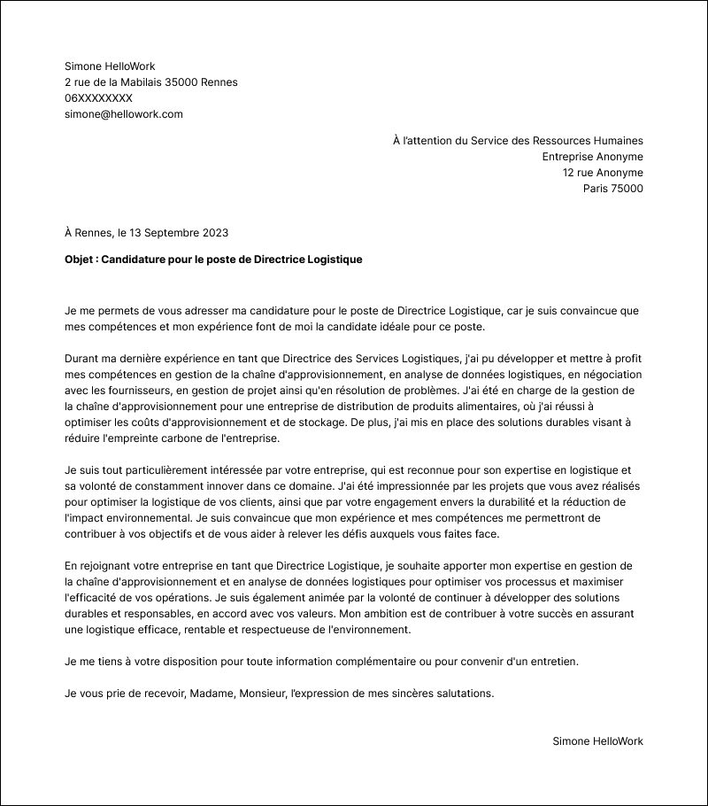 Modèle lettre de motivation Directeur logistique Exemple lettre de motivation Directeur logistique