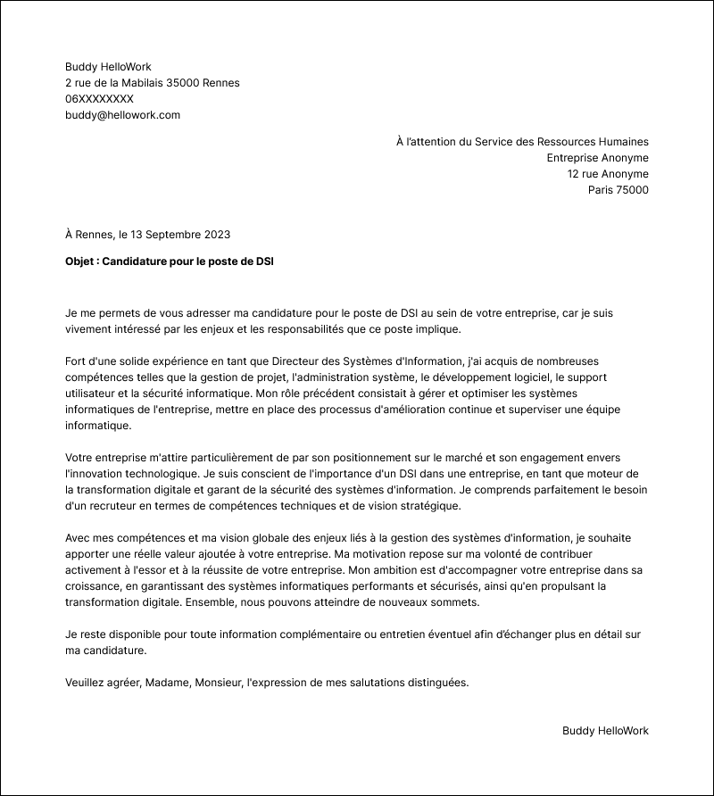 Modèle lettre de motivation DSI Exemple lettre de motivation DSI