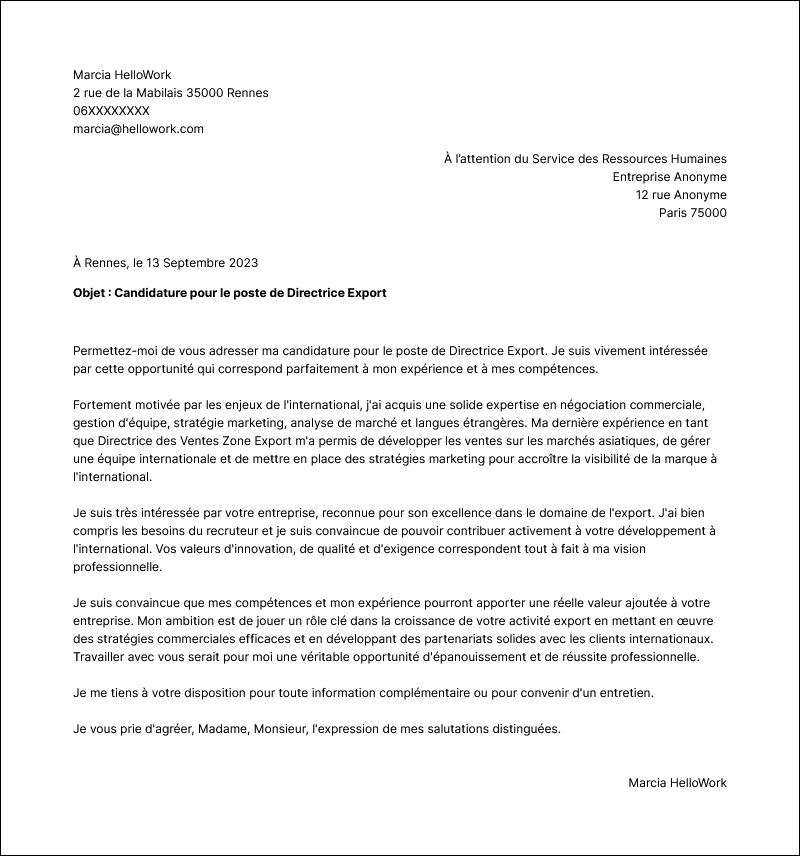 Modèle lettre de motivation Directeur export Exemple lettre de motivation Directeur export
