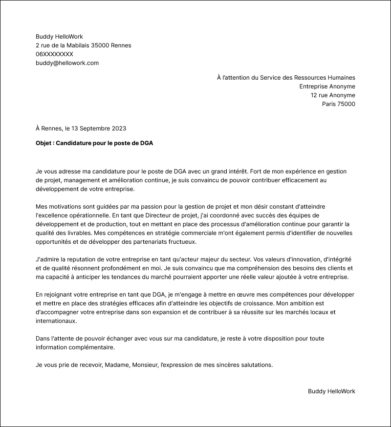 Modèle lettre de motivation Directeur général adjoint Exemple lettre de motivation Directeur général adjoint