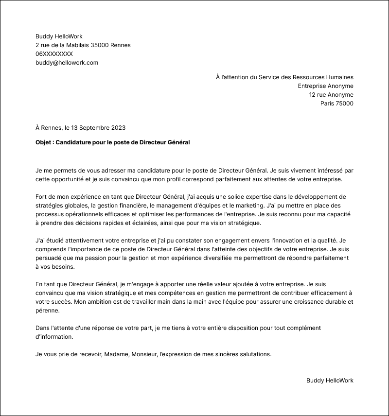 Modèle lettre de motivation Directeur Général Exemple lettre de motivation Directeur Général