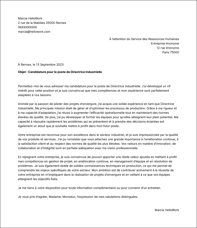 Modèle lettre de motivation Directeur industriel Exemple lettre de motivation Directeur industriel