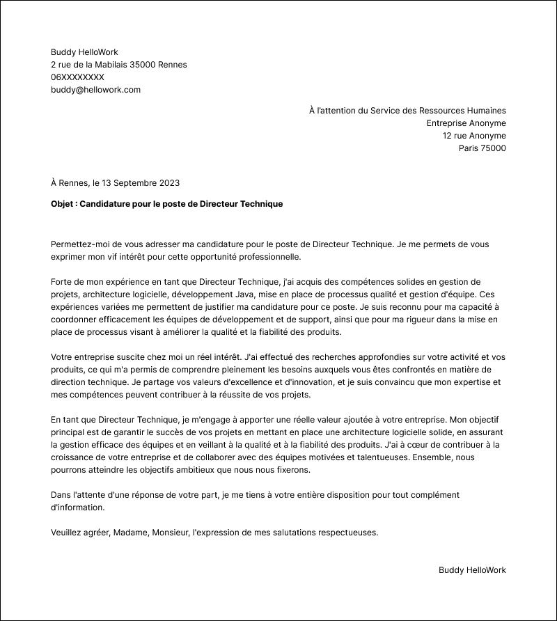 Modèle lettre de motivation Directeur technique Exemple lettre de motivation Directeur technique
