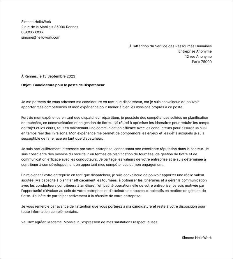 Modèle lettre de motivation Dispatcheur Exemple lettre de motivation Dispatcheur