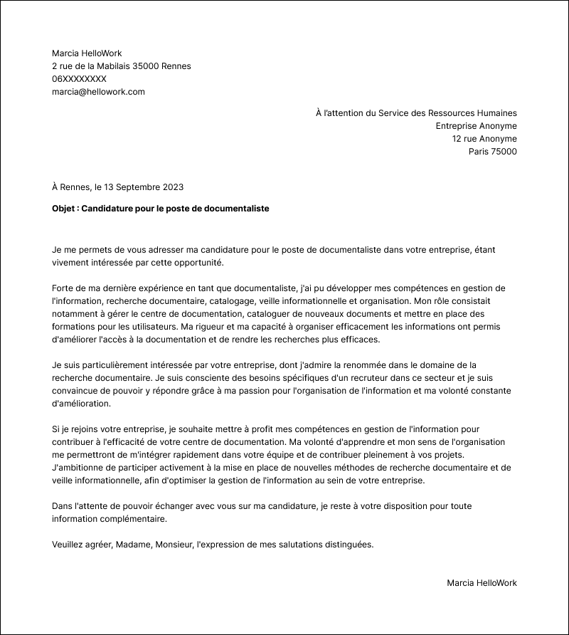 Modèle lettre de motivation Documentaliste Exemple lettre de motivation Documentaliste
