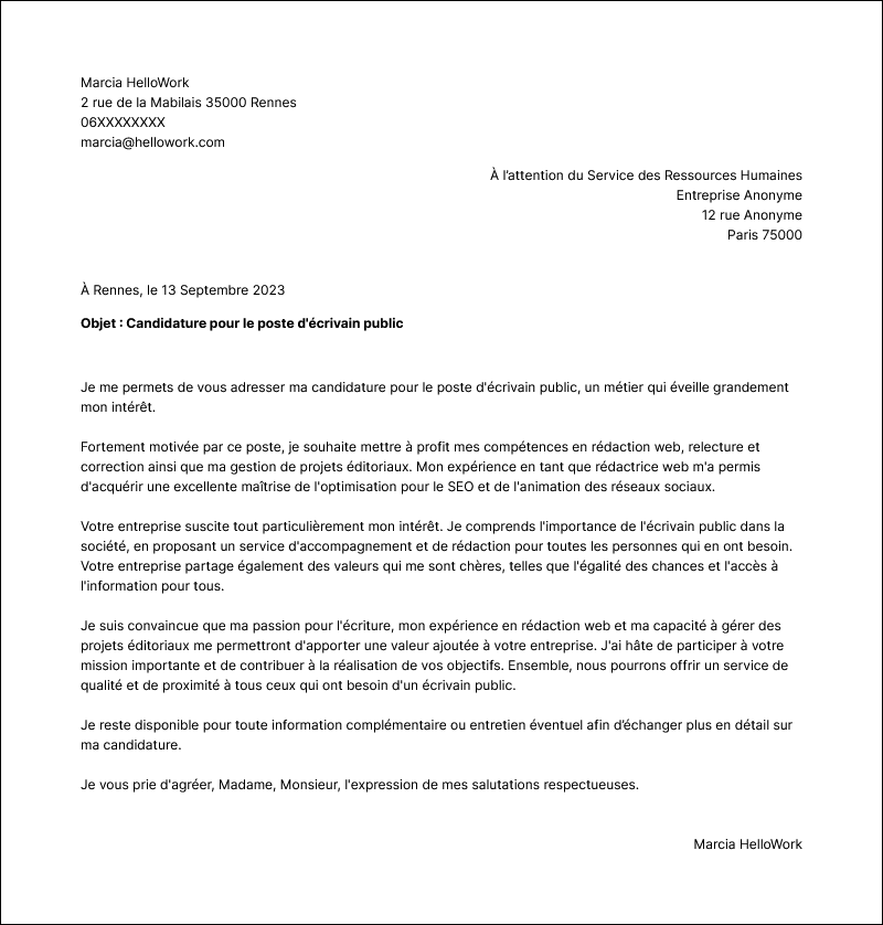 Modèle lettre de motivation Ecrivain public Exemple lettre de motivation Ecrivain public