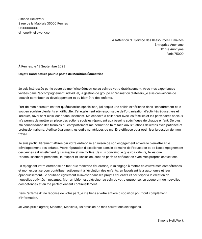 Modèle lettre de motivation Educateur Exemple lettre de motivation Educateur