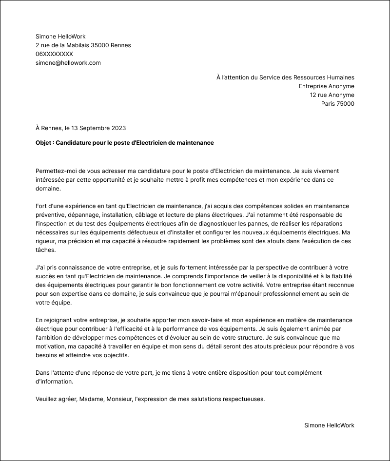 Modèle lettre de motivation Electricien de maintenance Exemple lettre de motivation Electricien de maintenance