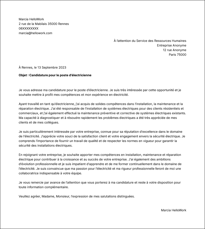 Modèle lettre de motivation Electricien Exemple lettre de motivation Electricien